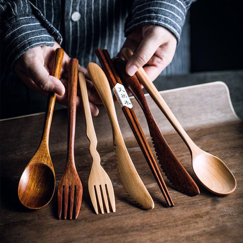 Wooden Utensil Set | Japanese Minimalist Chopsticks Fork Spoon Knife with Fabric Bag