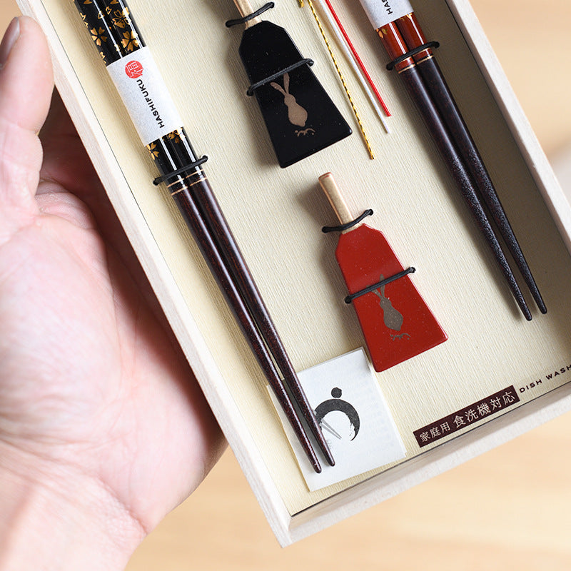 Wooden Chopsticks Gift Set Golden Sakura Japanese Handcrafted Wedding Gift with Chopstick Rests