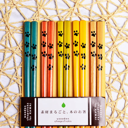 Chopsticks Set of 5 | Paw Print Handcrafted Wooden Japanese Chopsticks