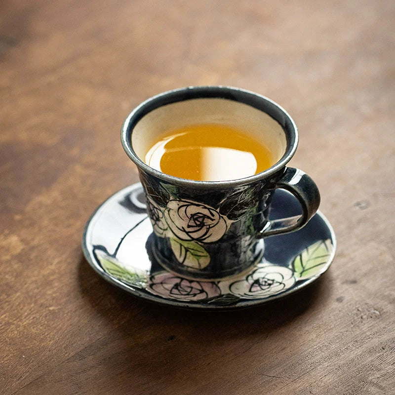 Coffee Cup and Saucer Set – Mino Ware Oribe Camellia Ceramic