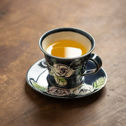 Coffee Cup and Saucer Set – Mino Ware Oribe Camellia Ceramic