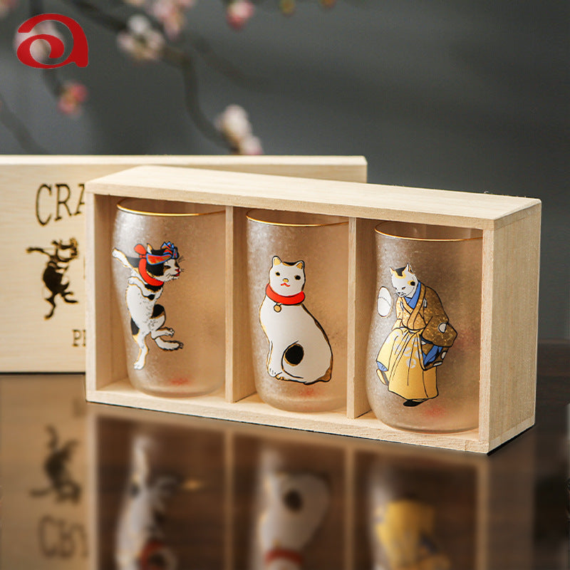 Beer Mug Gift Set Frosted Glass Japanese Edo Neko Cat Design Ukiyo-e Beer Glasses Set of 3 Made in Japan