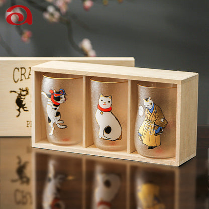 Beer Mug Gift Set Frosted Glass Japanese Edo Neko Cat Design Ukiyo-e Beer Glasses Set of 3 Made in Japan