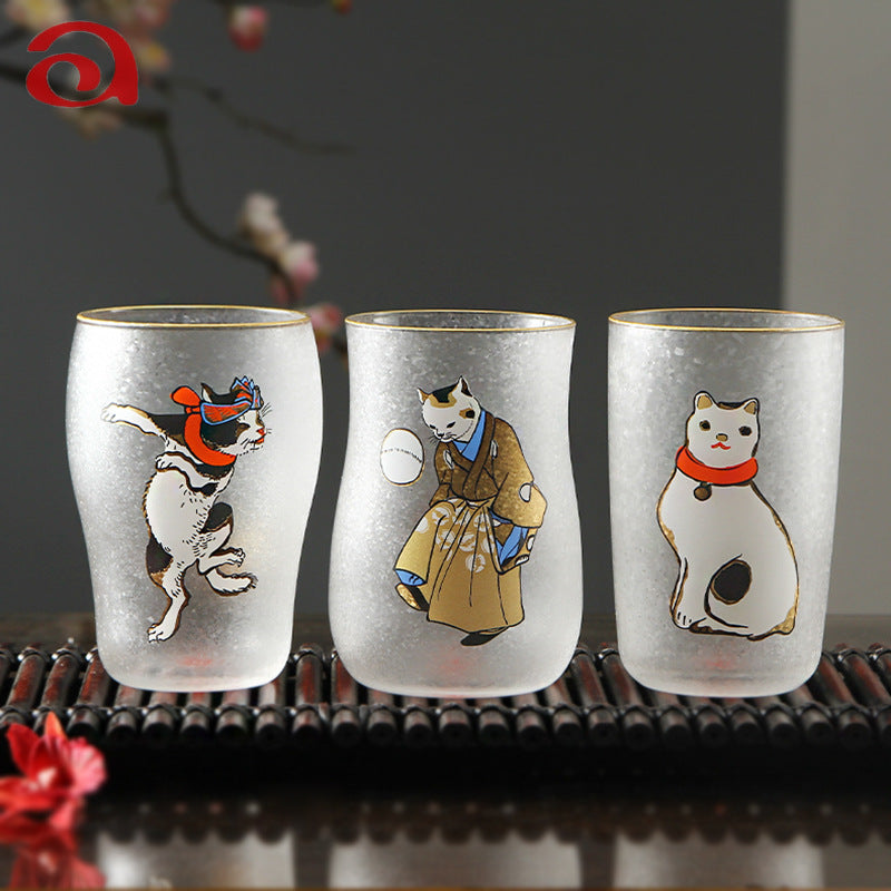 Beer Mug Gift Set Frosted Glass Japanese Edo Neko Cat Design Ukiyo-e Beer Glasses Set of 3 Made in Japan