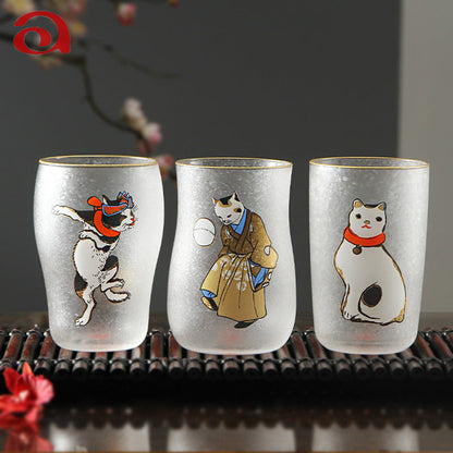 Beer Mug Gift Set Frosted Glass Japanese Edo Neko Cat Design Ukiyo-e Beer Glasses Set of 3 Made in Japan