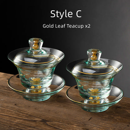 Tea Cups Set of 2 Gold Leaf Borosilicate Glass Gongfu Teacup