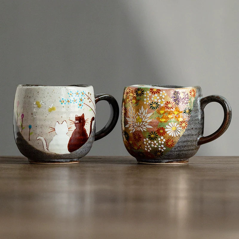 Japanese Ceramic Mug – Kutaniyaki Gold Floral or Cat Night