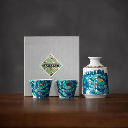 Japanese Sake Set – Kutaniyaki Gold Foil Blue Peony Artist Signed