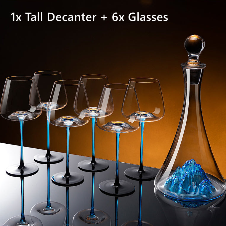 Wine Glasses Blue Stem Hand-Painted Burgundy Glass Decanter Set