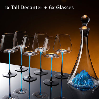 Wine Glasses Blue Stem Hand-Painted Burgundy Glass Decanter Set