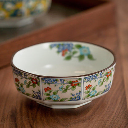 Bowl Set of 5 | Japanese Mino Ware Octagonal Court Brocade Ceramic Bowls