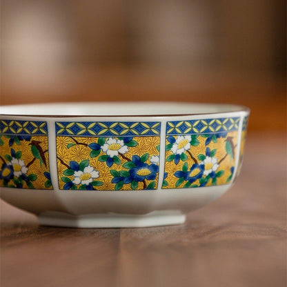 Bowl Set of 5 | Japanese Mino Ware Octagonal Court Brocade Ceramic Bowls