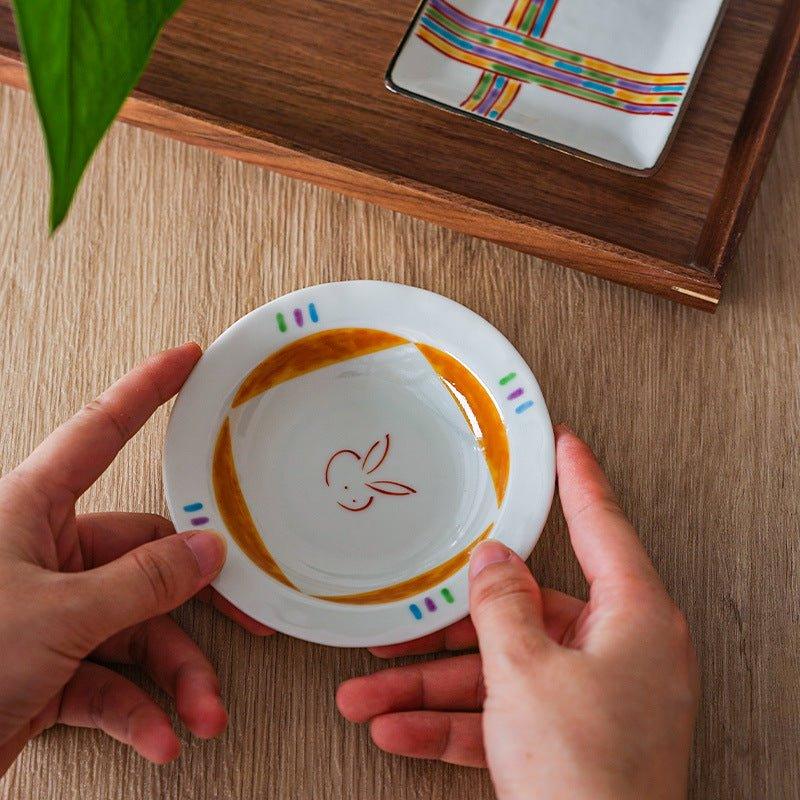 Ceramic Appetizer Plate Japanese Handcrafted Small Serving Plate Ribbons and Bunnies Design