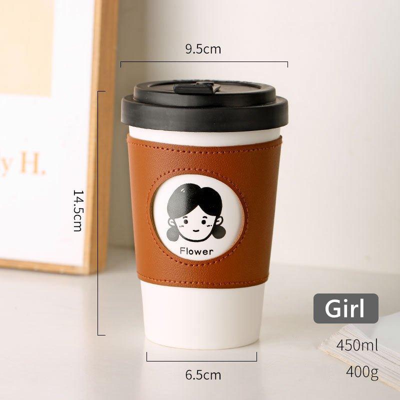 Reusable Coffee Cup Ceramic with Leather Sleeve & Lid – Eco-Friendly Travel Mug | Boy, Girl & Doggie