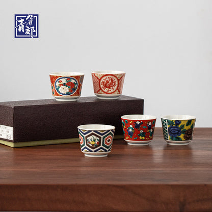 Japanese Tea Cup Set of 5 – Kutaniyaki Vintage Hand-Painted