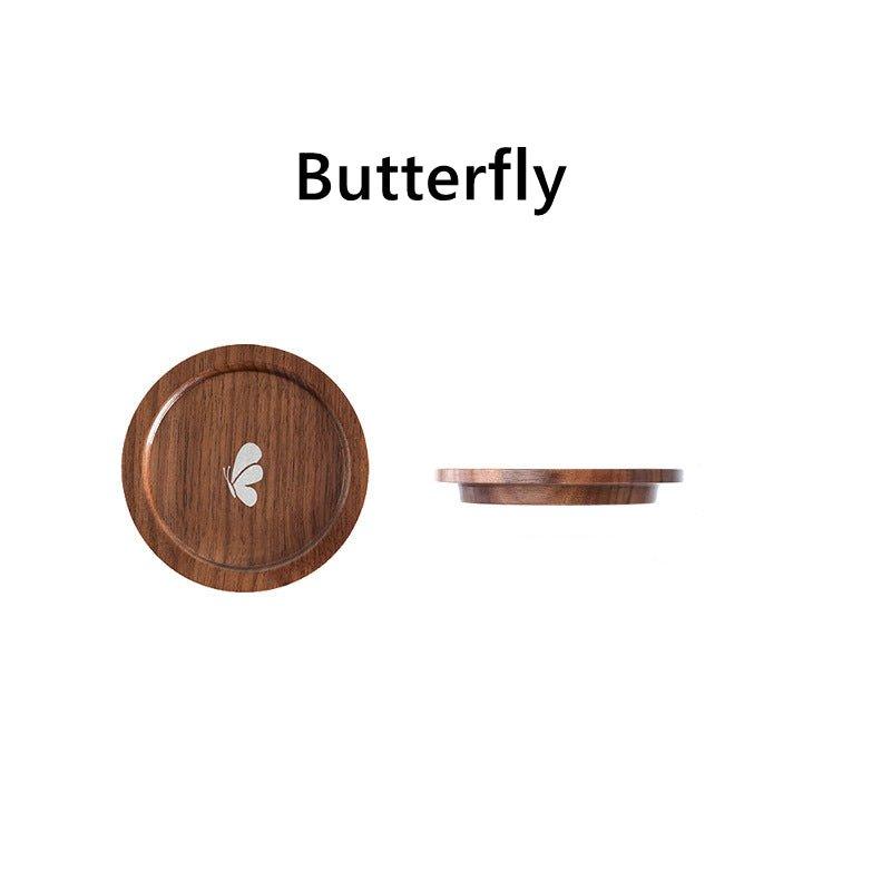 Japanese Walnut Wood Tea Cup Lid – Plum Butterfly Orchid Bird