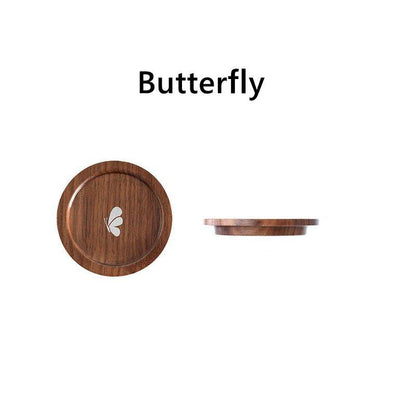 Japanese Walnut Wood Tea Cup Lid – Plum Butterfly Orchid Bird