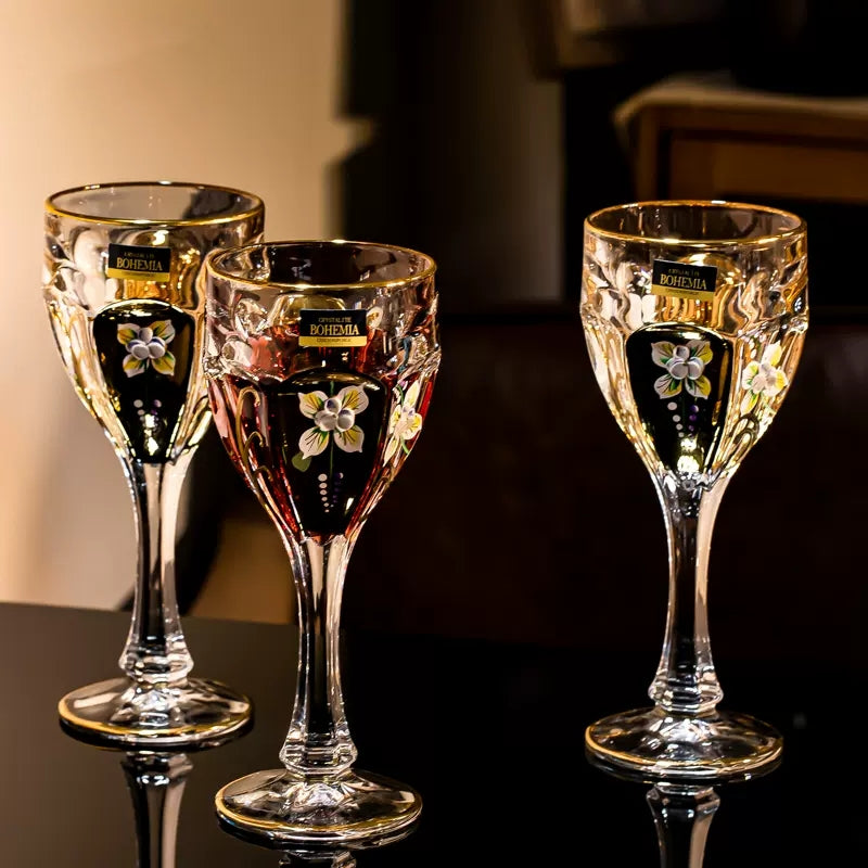Wine Glass Decanter Set Bohemia Gold Enamel Floral Czech Crystal Wine Glass Decanter High Stem Gift Box