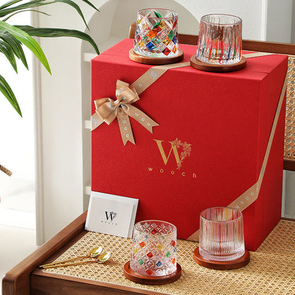 Whiskey Glass Rotating Stained Crystal | Wooden Base Gift Set