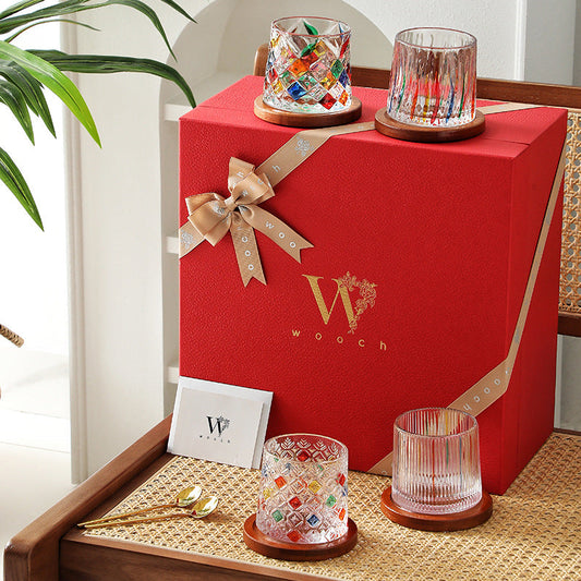Whiskey Glass Rotating Stained Crystal | Wooden Base Gift Set