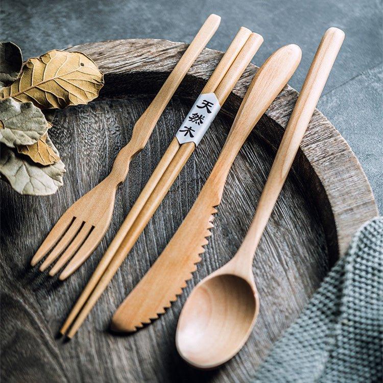 Wooden Utensil Set | Japanese Minimalist Chopsticks Fork Spoon Knife with Fabric Bag