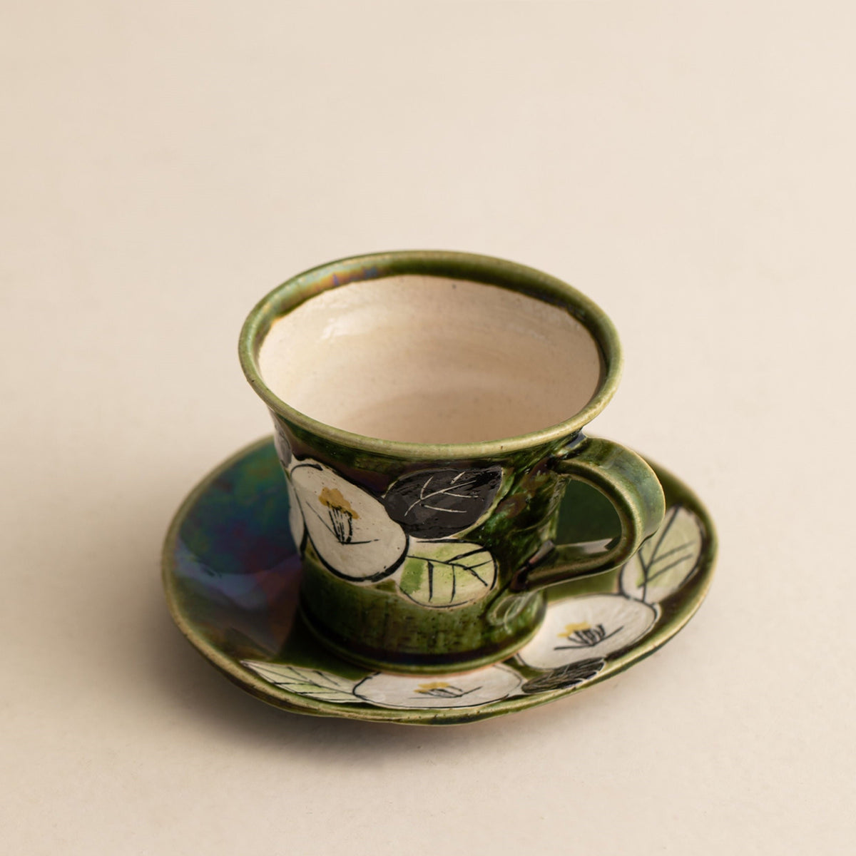 Coffee Cup and Saucer Set – Mino Ware Oribe Camellia Ceramic