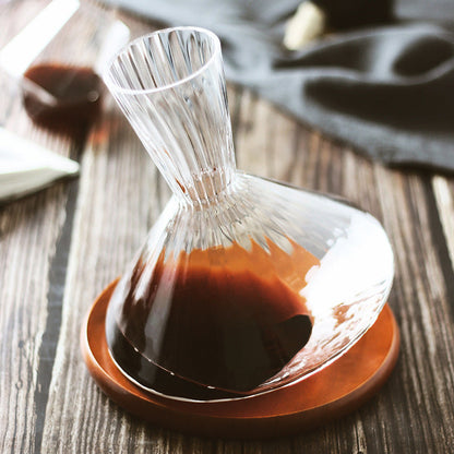Wine Decanter with Wooden Base – Orbital Swirling Crystal Glass