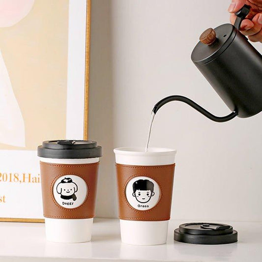 Reusable Coffee Cup Ceramic with Leather Sleeve & Lid – Eco-Friendly Travel Mug | Boy, Girl & Doggie