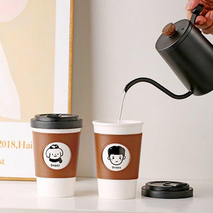 Reusable Coffee Cup Ceramic with Leather Sleeve & Lid – Eco-Friendly Travel Mug | Boy, Girl & Doggie