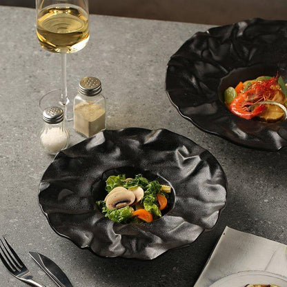 Ceramic Plates Set of 2 – Crumble Design Handcrafted Salad Serving Plates Black & White
