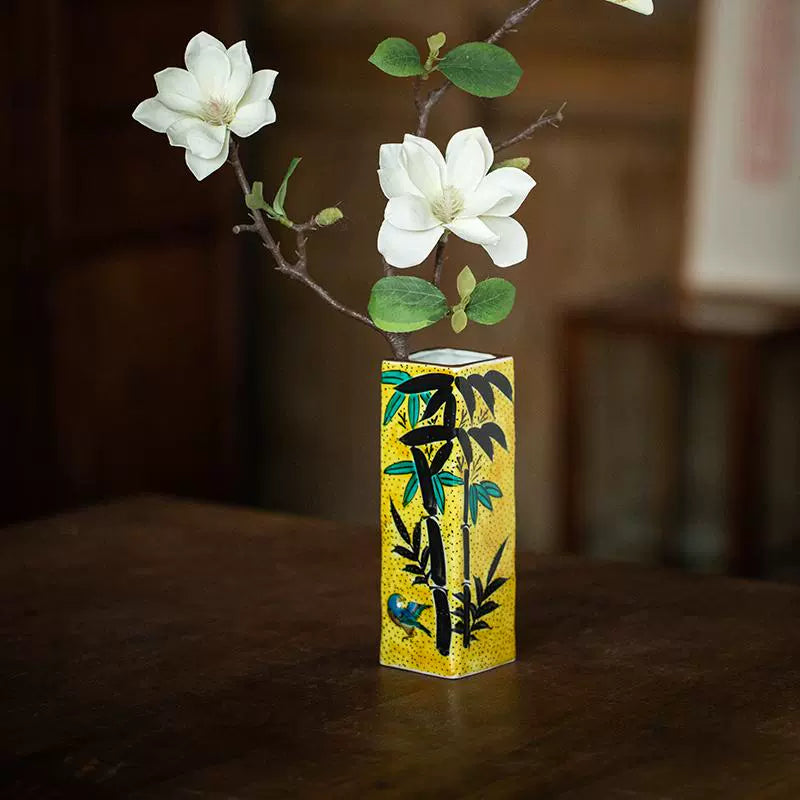 Japanese Ceramic Vase – Kutaniyaki Bamboo Sparrow Gold Glaze