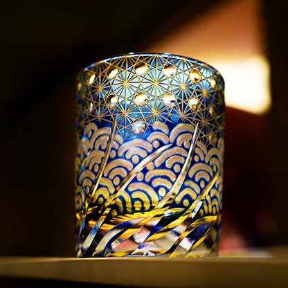 Whiskey Glass Edo Kiriko Blue Amber – Hand-Cut Japanese Tumbler with Wooden Box | Blue Chrysanthemum & Starry Sea