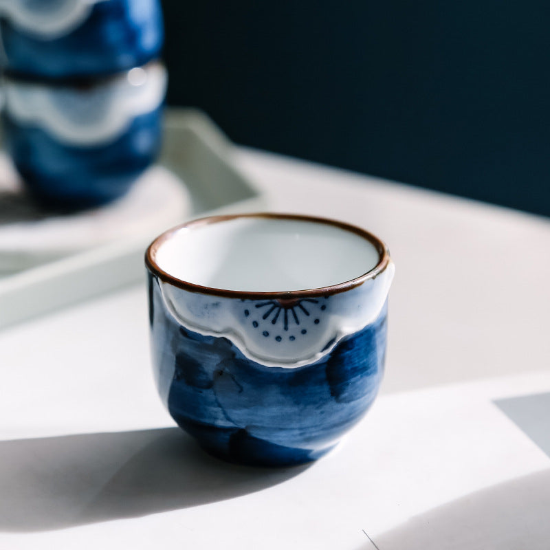Japanese Sake Set – Sakura Ceramic 1 Flagon 4 Cups Blue Black
