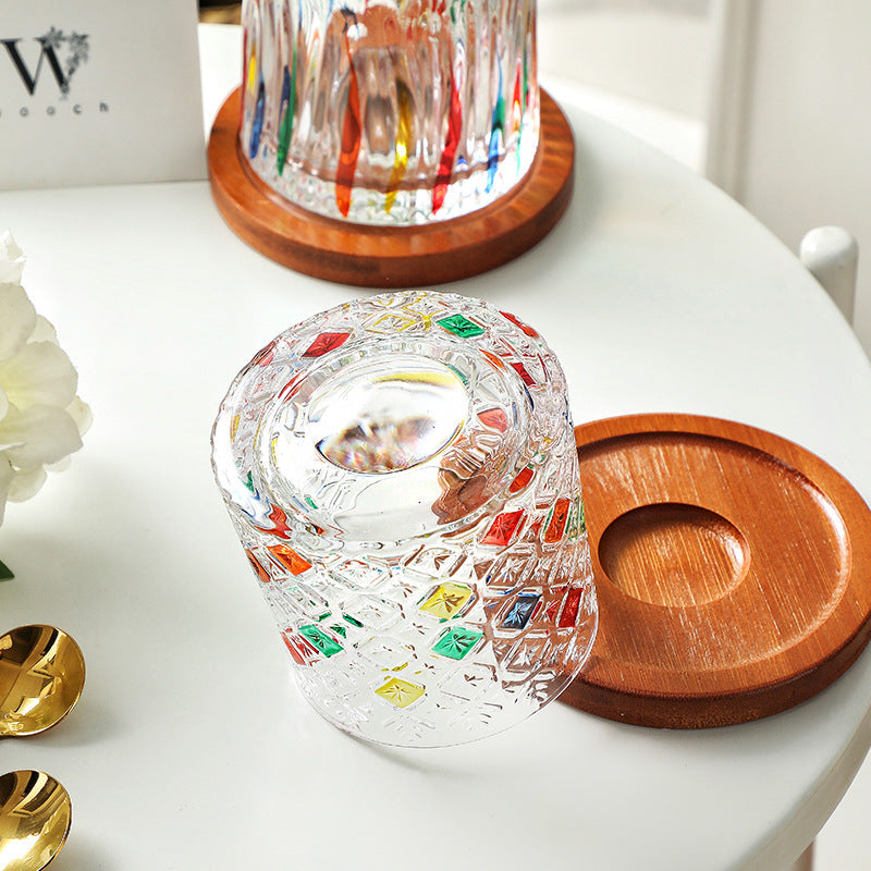 Whiskey Glass Rotating Stained Crystal | Wooden Base Gift Set