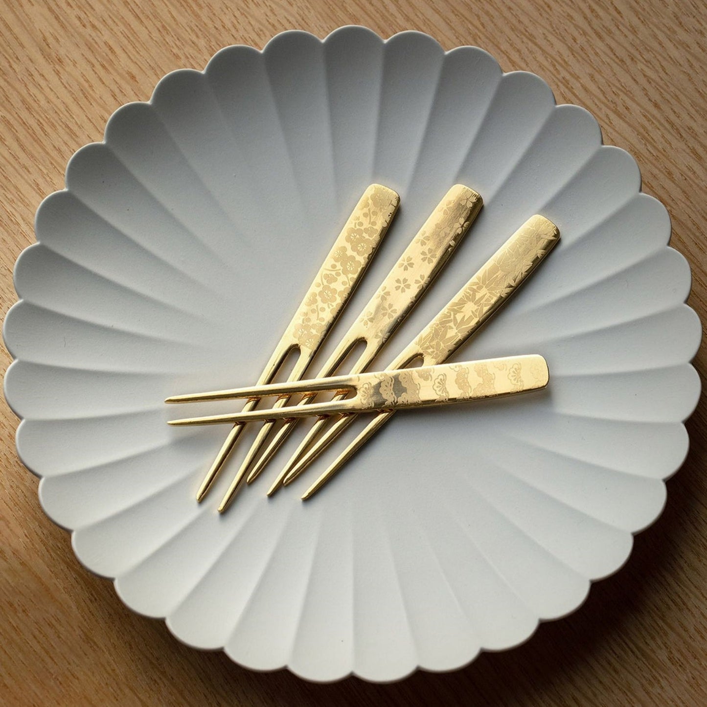 Dessert Fork Gold Stainless Steel Japanese Engraved Sakura Set