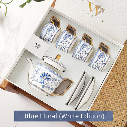 Tea Set Bone China Blue Floral Harmony Ceramic Teacup Saucer Teapot Wedding Gift Set Hand-Painted Floral