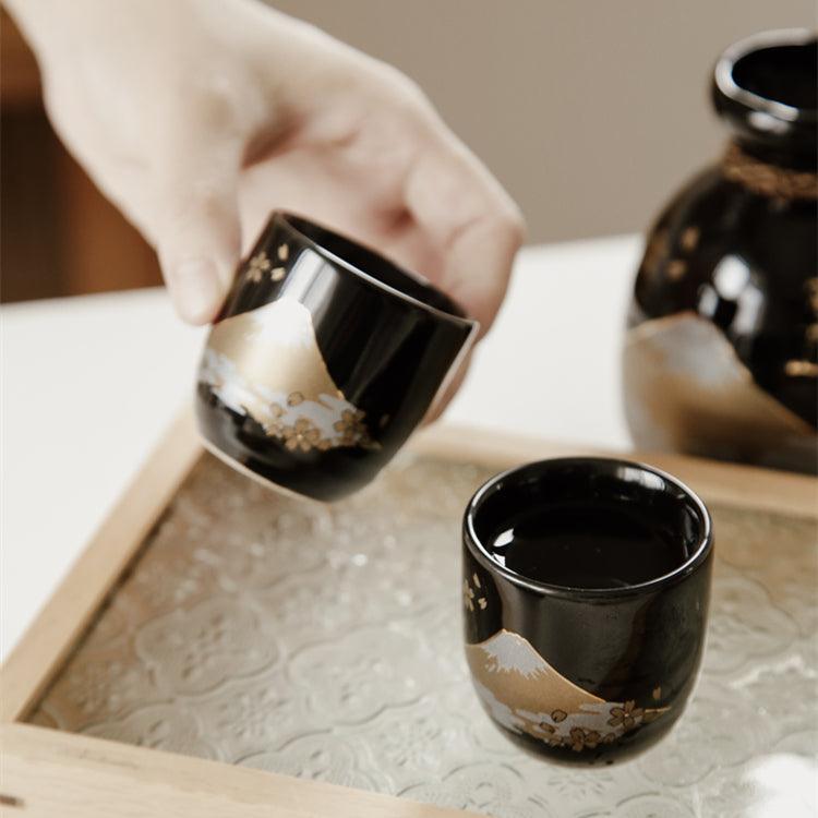 Ceramic Sake Set Mount Fuji Japanese Handcrafted Flagon 2 Cups White Black