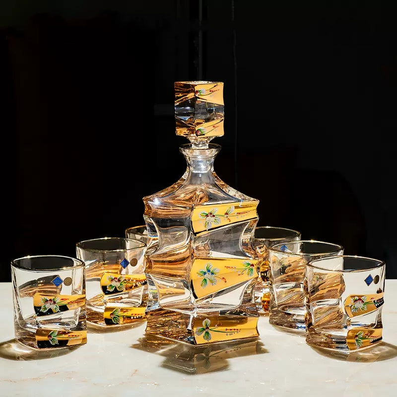 Whisky Decanter Set Bohemia Enamel Bloom Crystal Floral Gold Band Czech Crystal Whisky Glass Decanter Gift