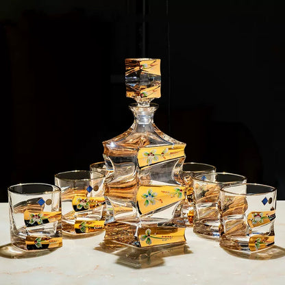 Whisky Decanter Set Bohemia Enamel Bloom Crystal Floral Gold Band Czech Crystal Whisky Glass Decanter Gift