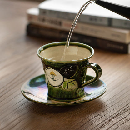 Coffee Cup and Saucer Set – Mino Ware Oribe Camellia Ceramic