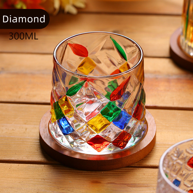 Whiskey Glass Rotating Stained Crystal | Wooden Base Gift Set