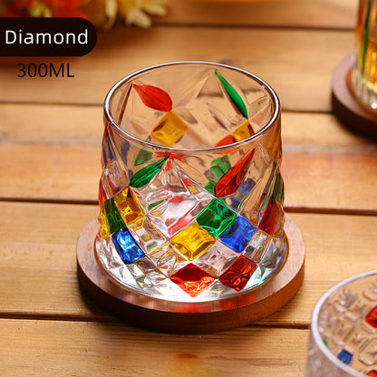 Whiskey Glass Rotating Stained Crystal | Wooden Base Gift Set