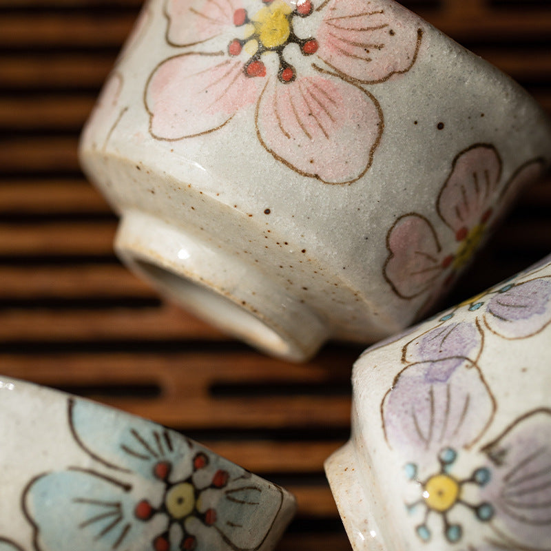 Tea Cup Set of 5 – Mino Ware Hana-Nagare Floral Painted