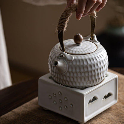 Ceramic Tea Kettle White Dimpled Candle Stove Warmer Set