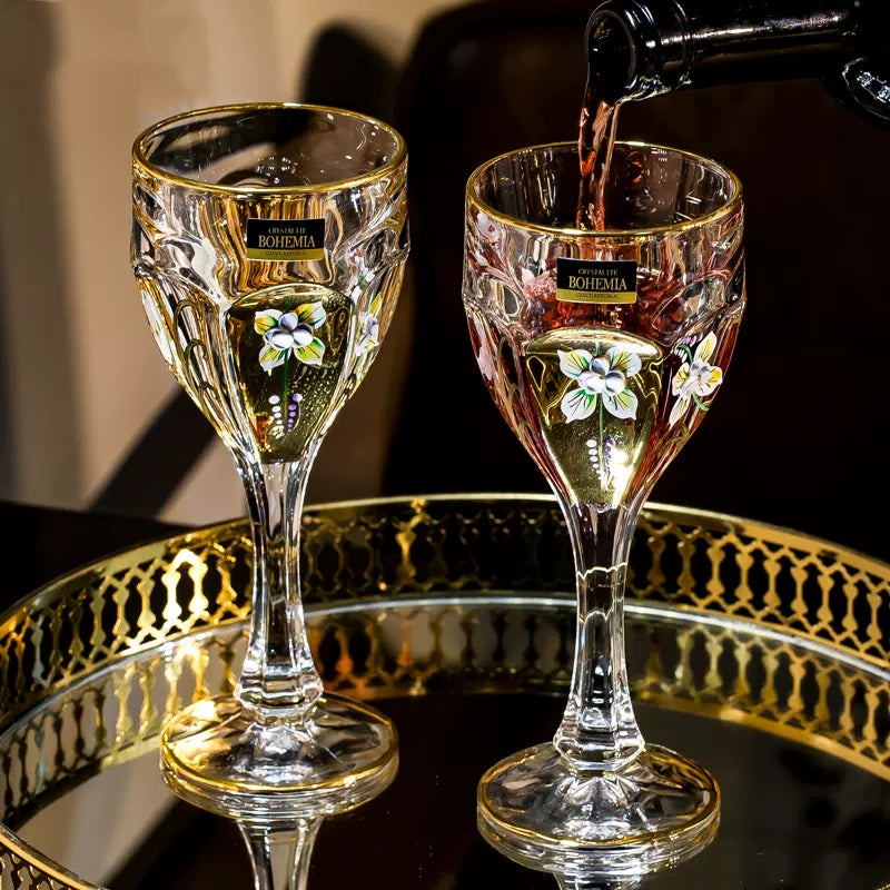 Wine Glass Decanter Set Bohemia Gold Enamel Floral Czech Crystal Wine Glass Decanter High Stem Gift Box