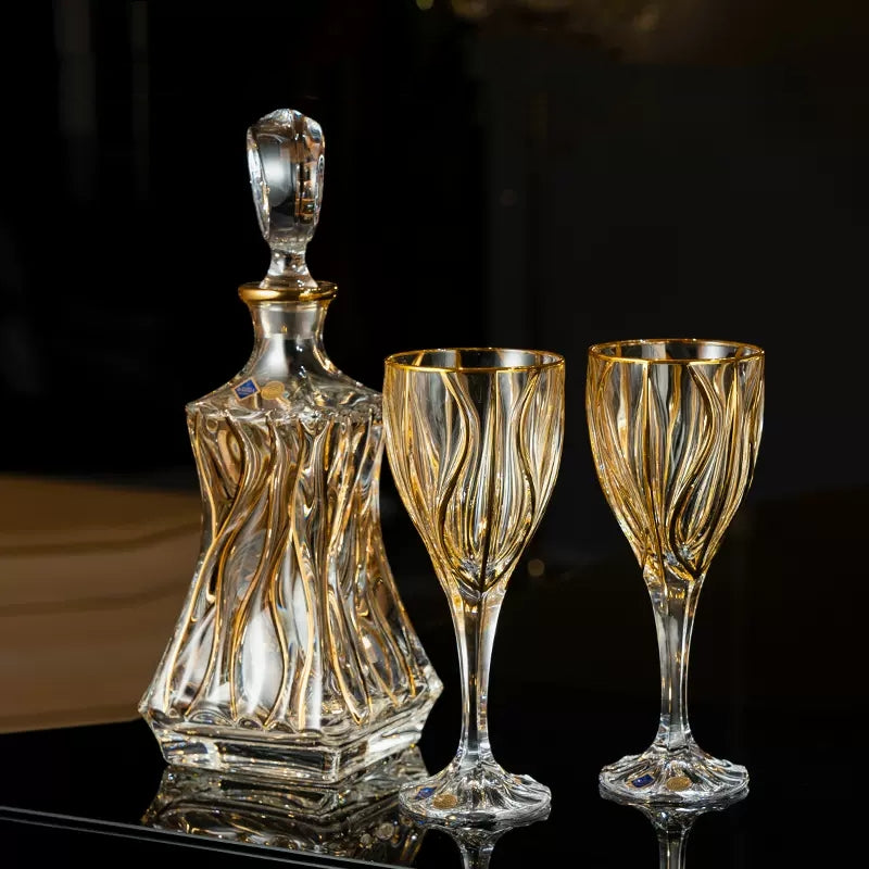 Wine Glass Set Bohemia Crystal Luxury Gold Detail Czech Crystal Wine Champagne Glass Decanter Set Gift Box