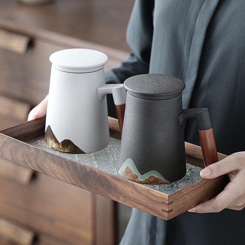 Ceramic Tea Cup with Filter – Mountain Design Large Capacity