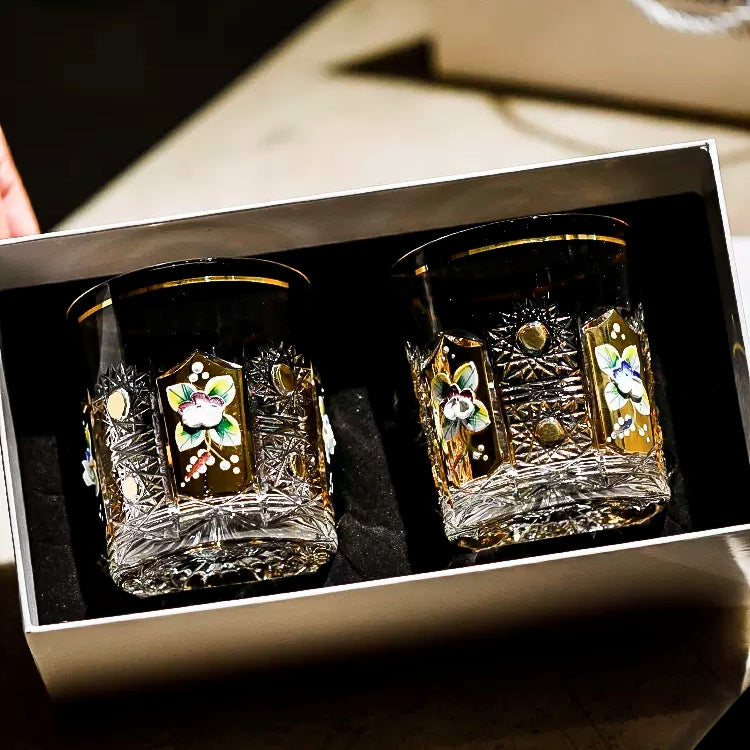 Whisky Glasses Bohemia Enchanted Blossom Cut Crystal Gold Enamel Floral Czech Crystal Whisky Glass Gift Set of 2