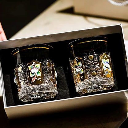 Whisky Glasses Bohemia Enchanted Blossom Cut Crystal Gold Enamel Floral Czech Crystal Whisky Glass Gift Set of 2