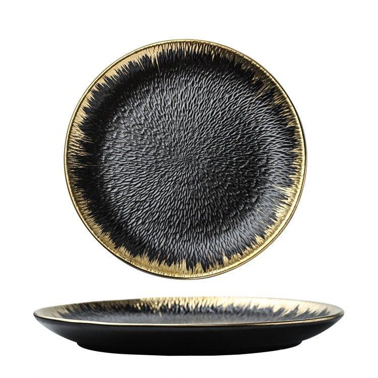 Ceramic Round Dinner Plate – Matte Black White Gold Rim